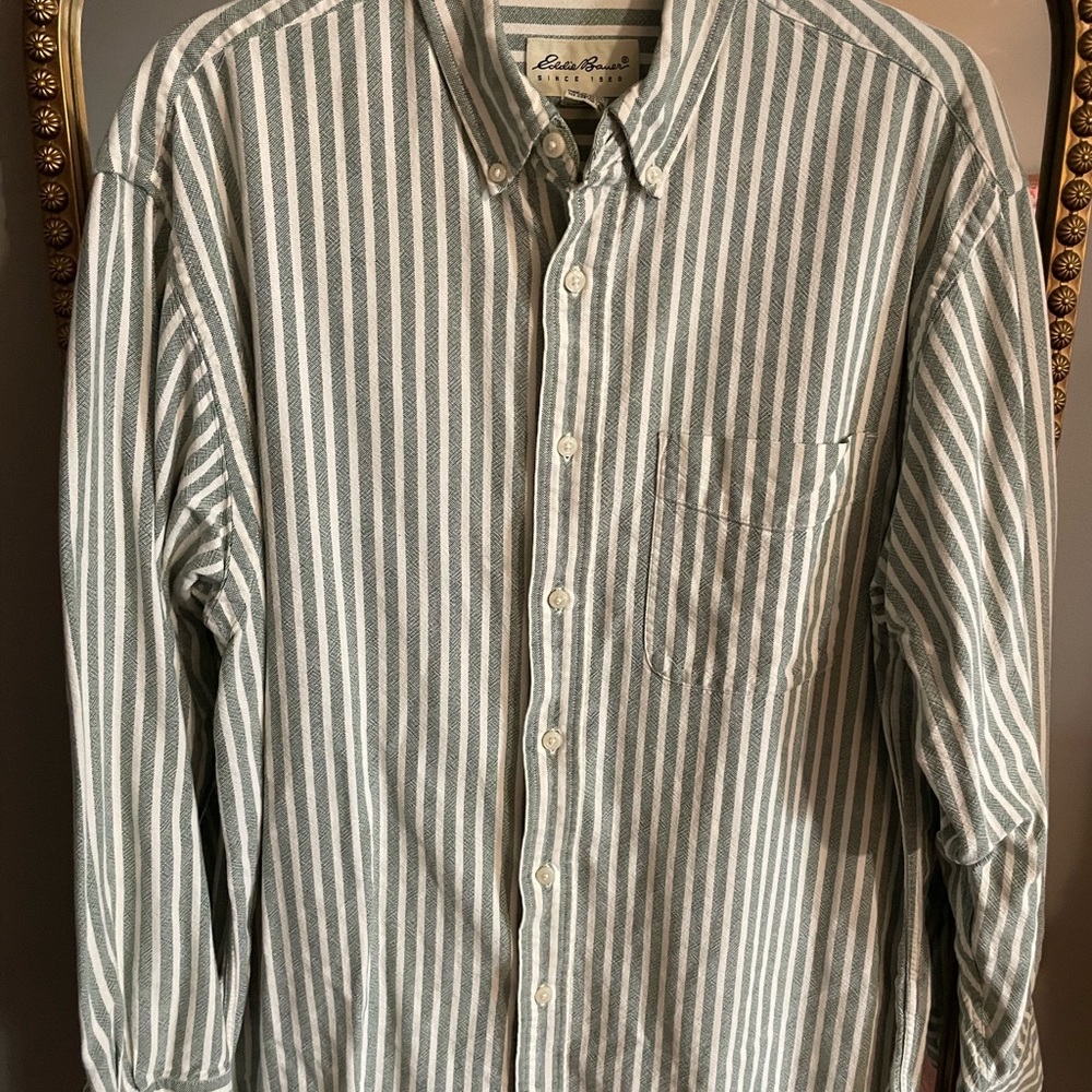 Eddie Bauer Men's Shirt with Green and White Stripes